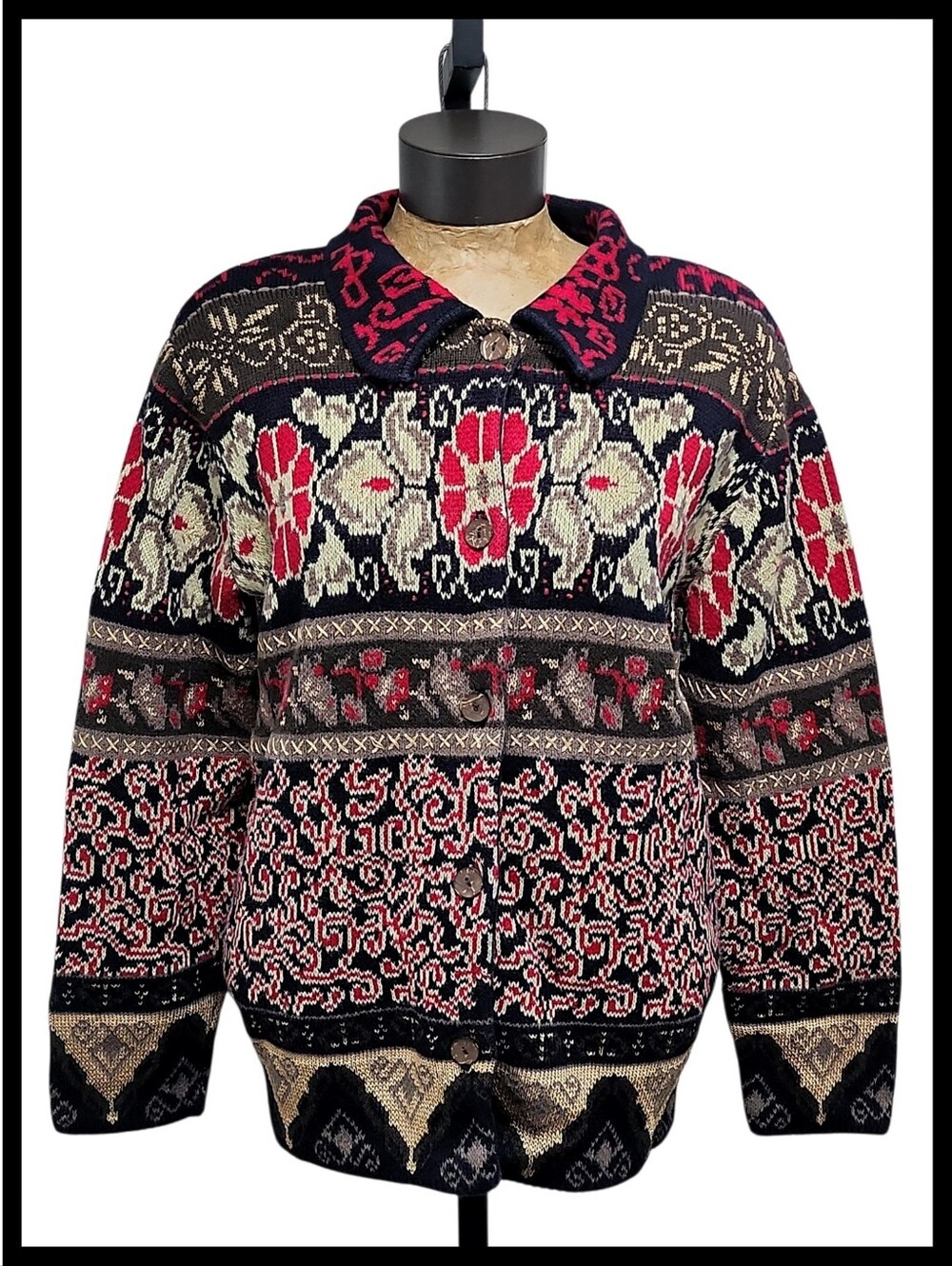 Christopher & Banks Button Cardigan Sweater Abstract Fair Isle Blue Red Taupe XL